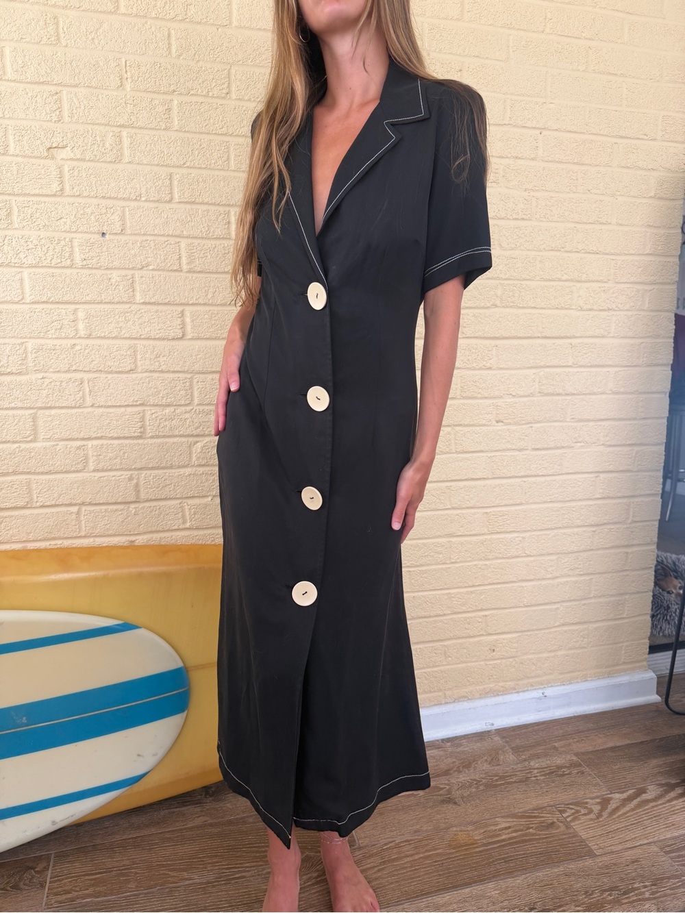 Black Short-Sleeve Button-Front Maxi Dress with Contrast Stitching, XS